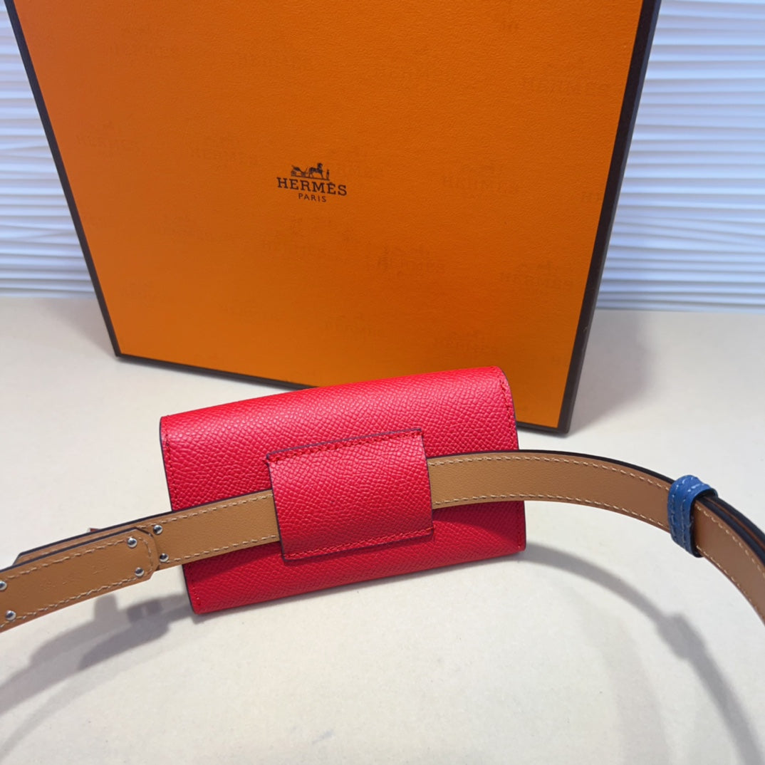 HM KELLY CHERRY RED POCKET 18MM BELT NAVY BLUE LEATHER GOLD HARDWARE - 30