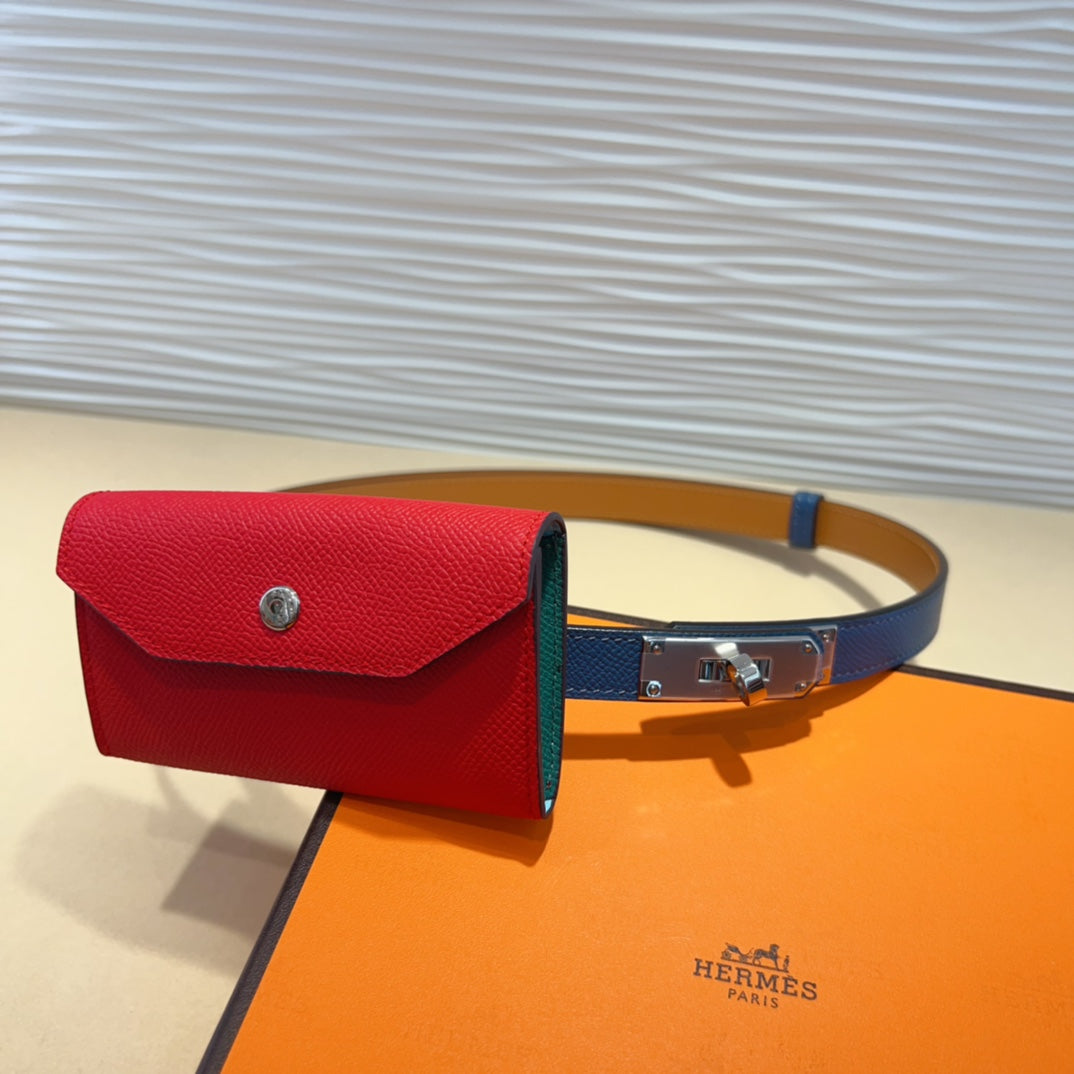 HM KELLY CHERRY RED POCKET 18MM BELT NAVY BLUE LEATHER GOLD HARDWARE - 30