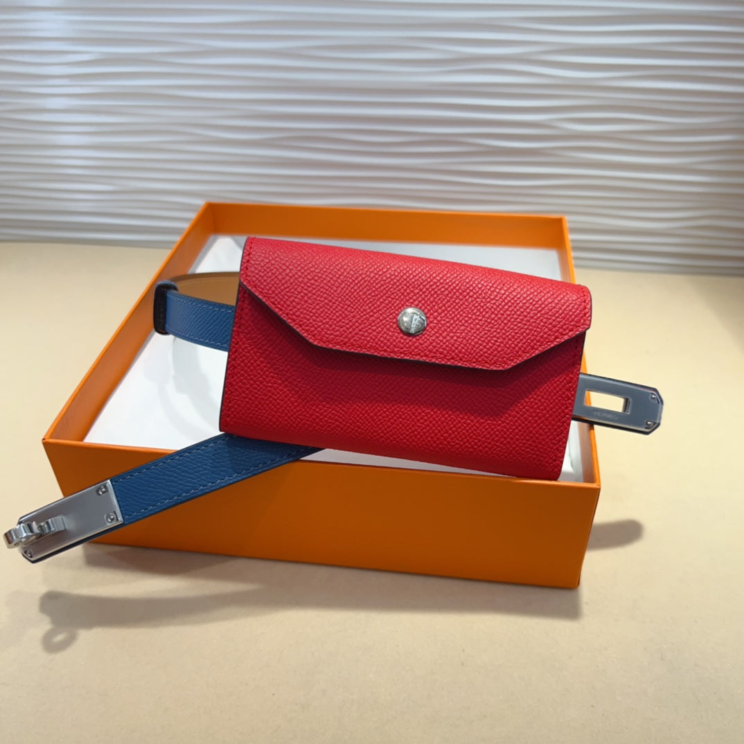 HM KELLY CHERRY RED POCKET 18MM BELT NAVY BLUE LEATHER GOLD HARDWARE - 30