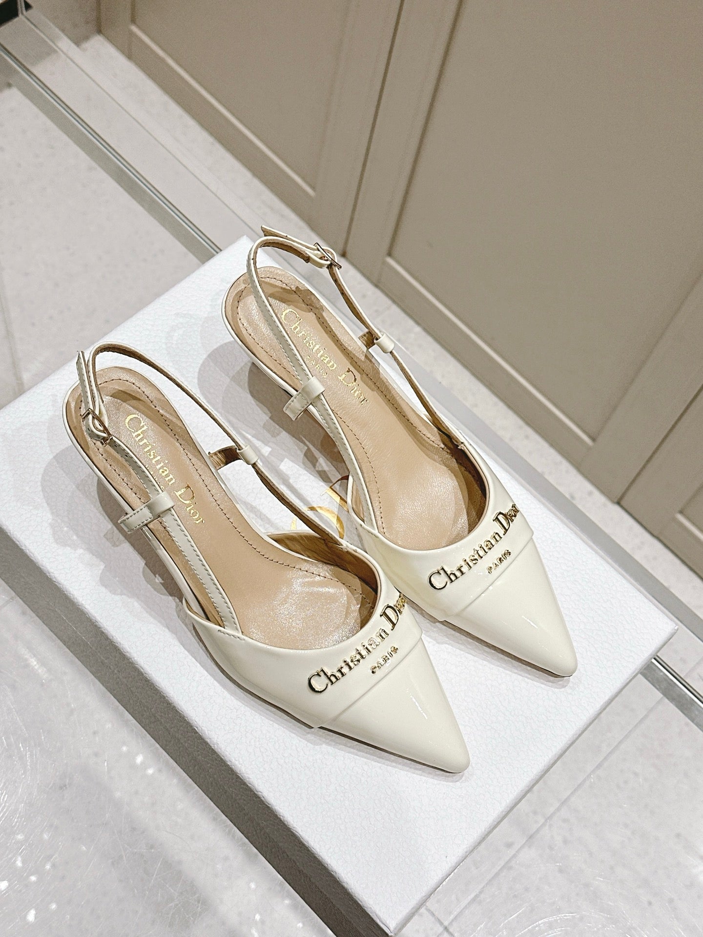 MY DD 25S SLINGBACK PUMP 50MM IN WHITE GLOSSY CALFSKIN - 34