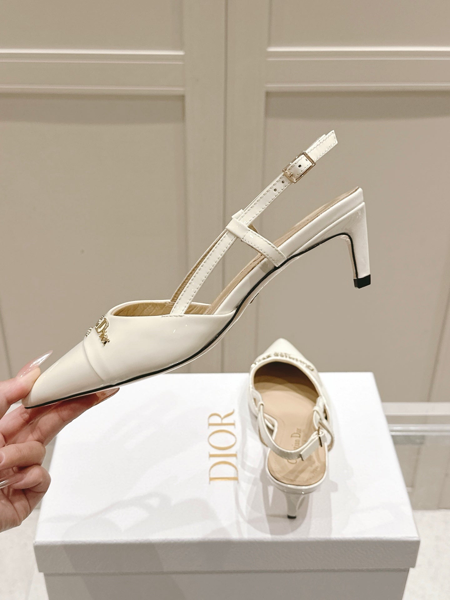 MY DD 25S SLINGBACK PUMP 50MM IN WHITE GLOSSY CALFSKIN - 34