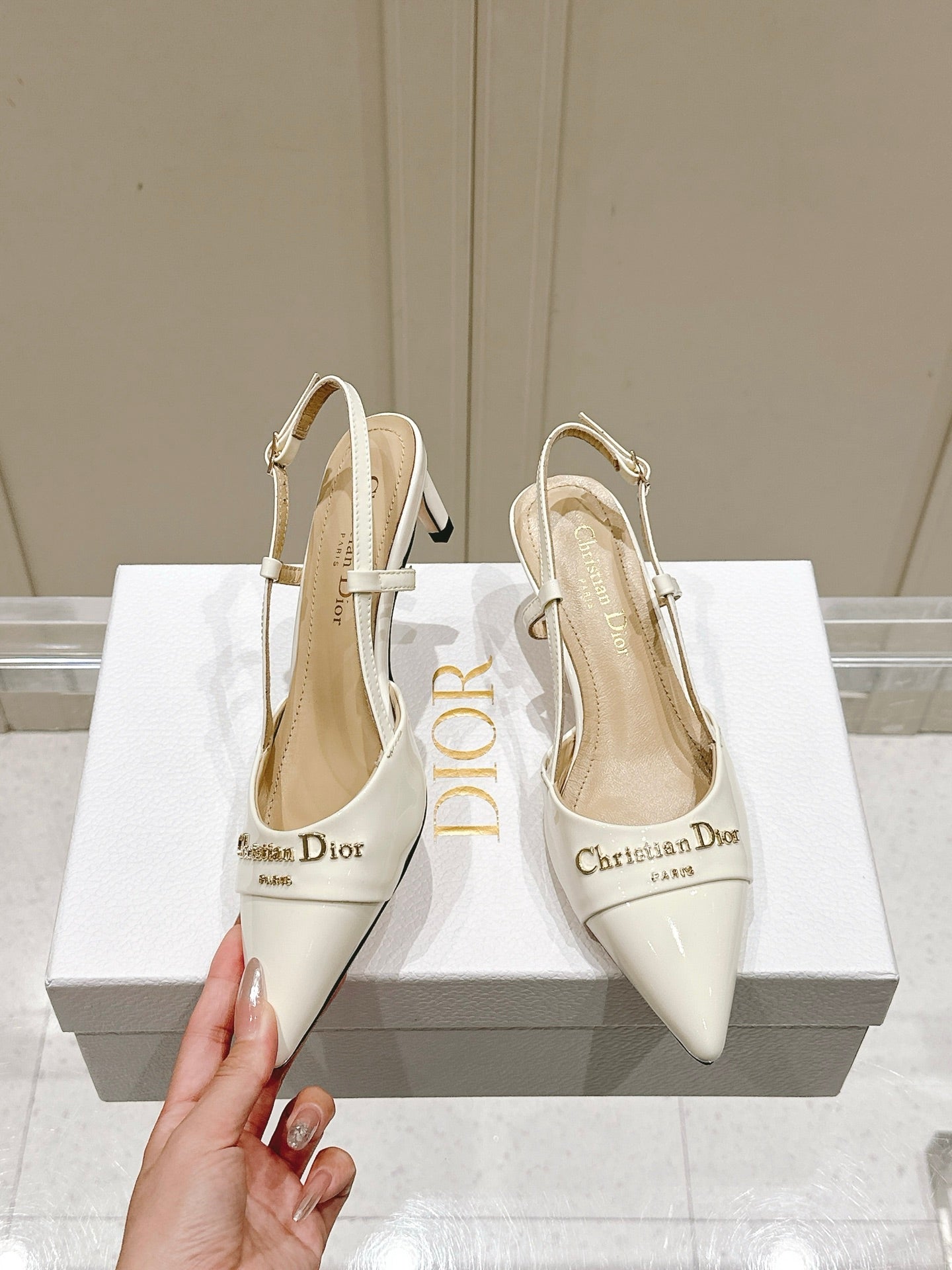 MY DD 25S SLINGBACK PUMP 50MM IN WHITE GLOSSY CALFSKIN - 34
