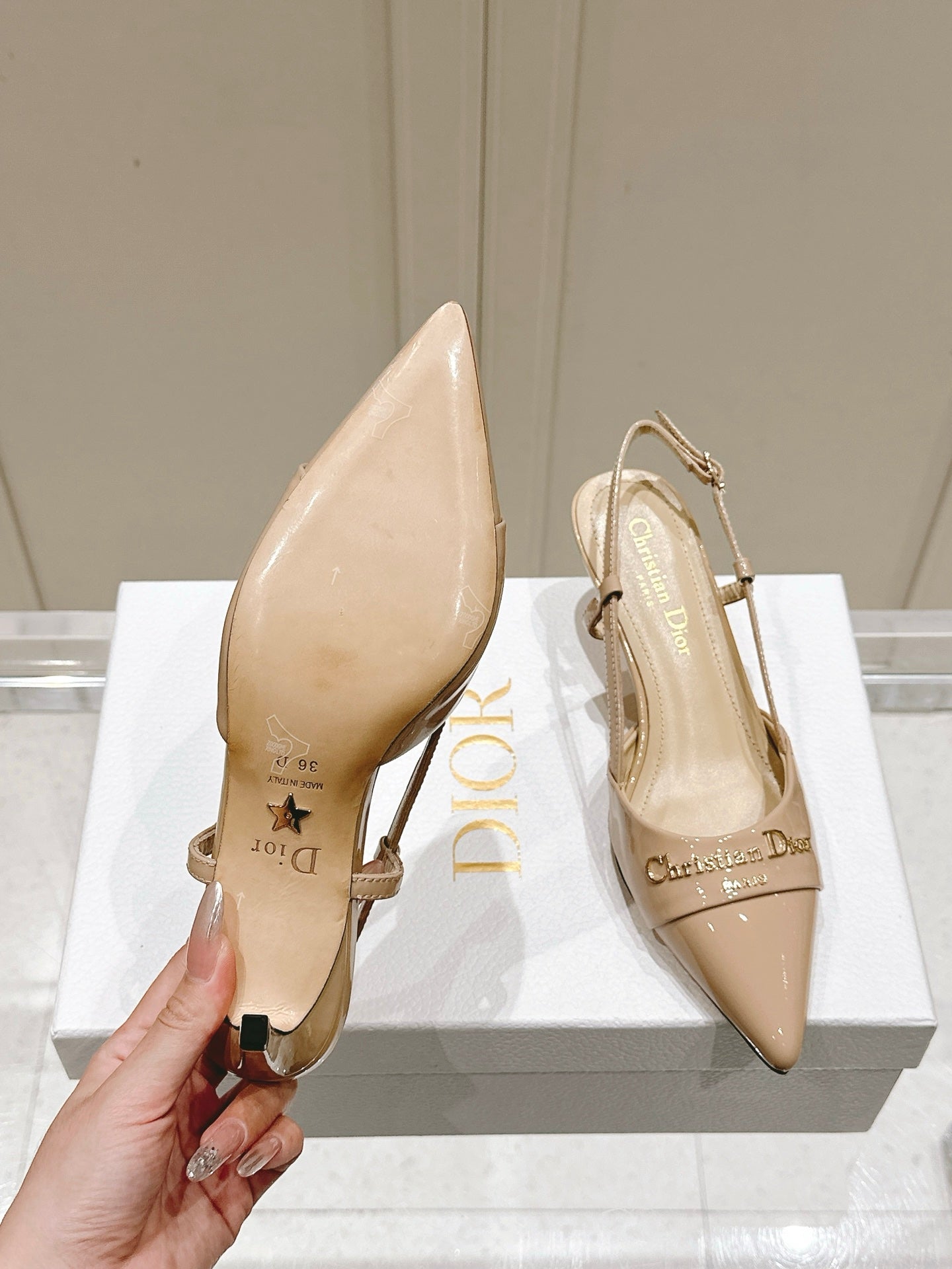 MY DD 25S SLINGBACK PUMP 50MM IN BEIGE GLOSSY CALFSKIN - 34