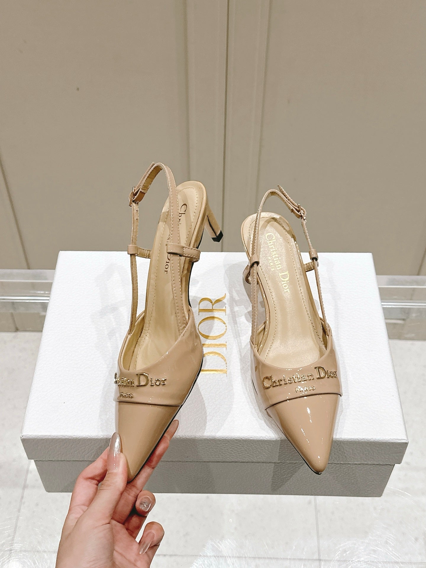 MY DD 25S SLINGBACK PUMP 50MM IN BEIGE GLOSSY CALFSKIN - 34