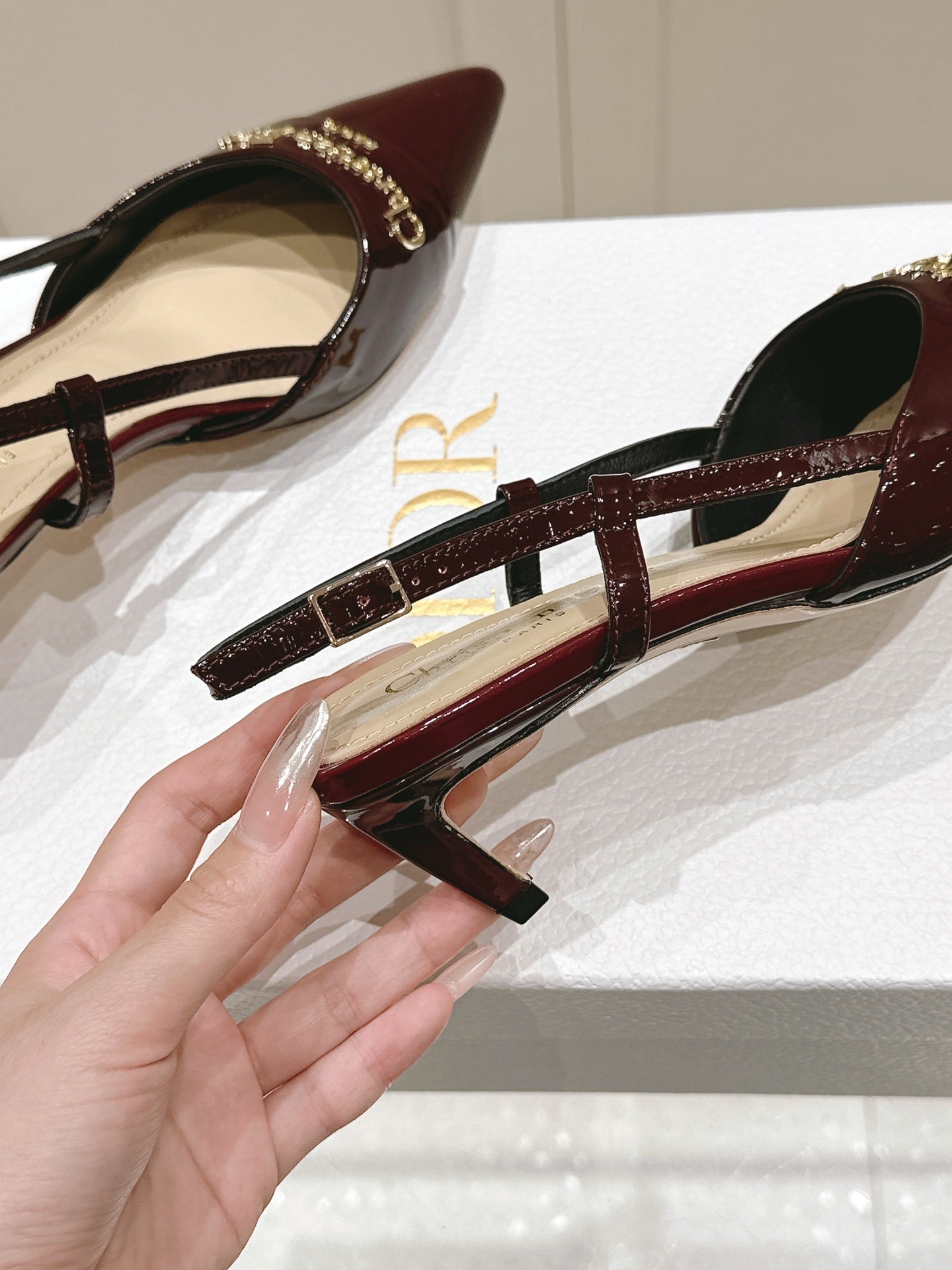 MY DD 25S SLINGBACK PUMP 50MM IN BURGUNDY RED GLOSSY CALFSKIN - 34