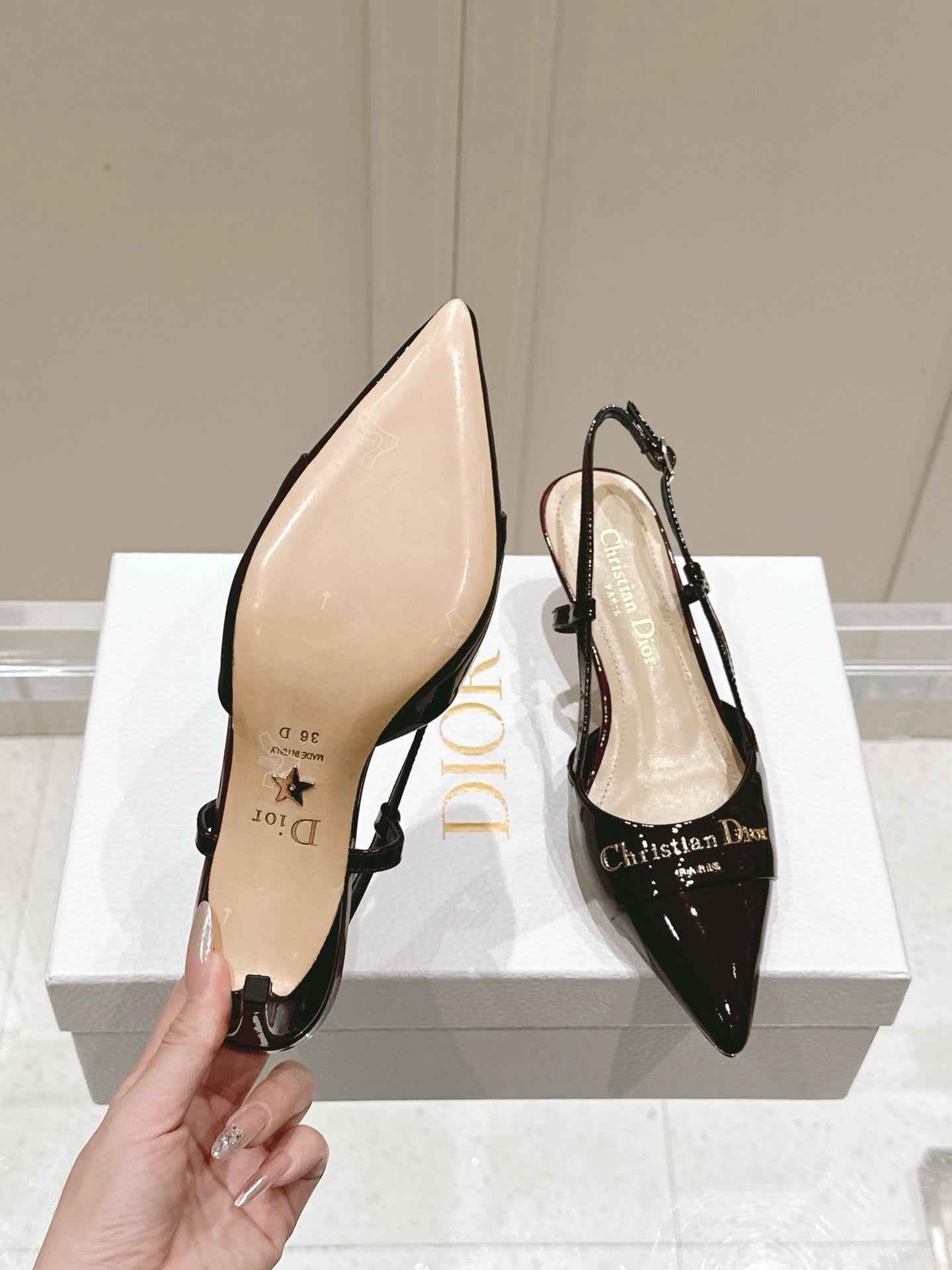 MY DD 25S SLINGBACK PUMP 50MM IN BURGUNDY RED GLOSSY CALFSKIN - 34
