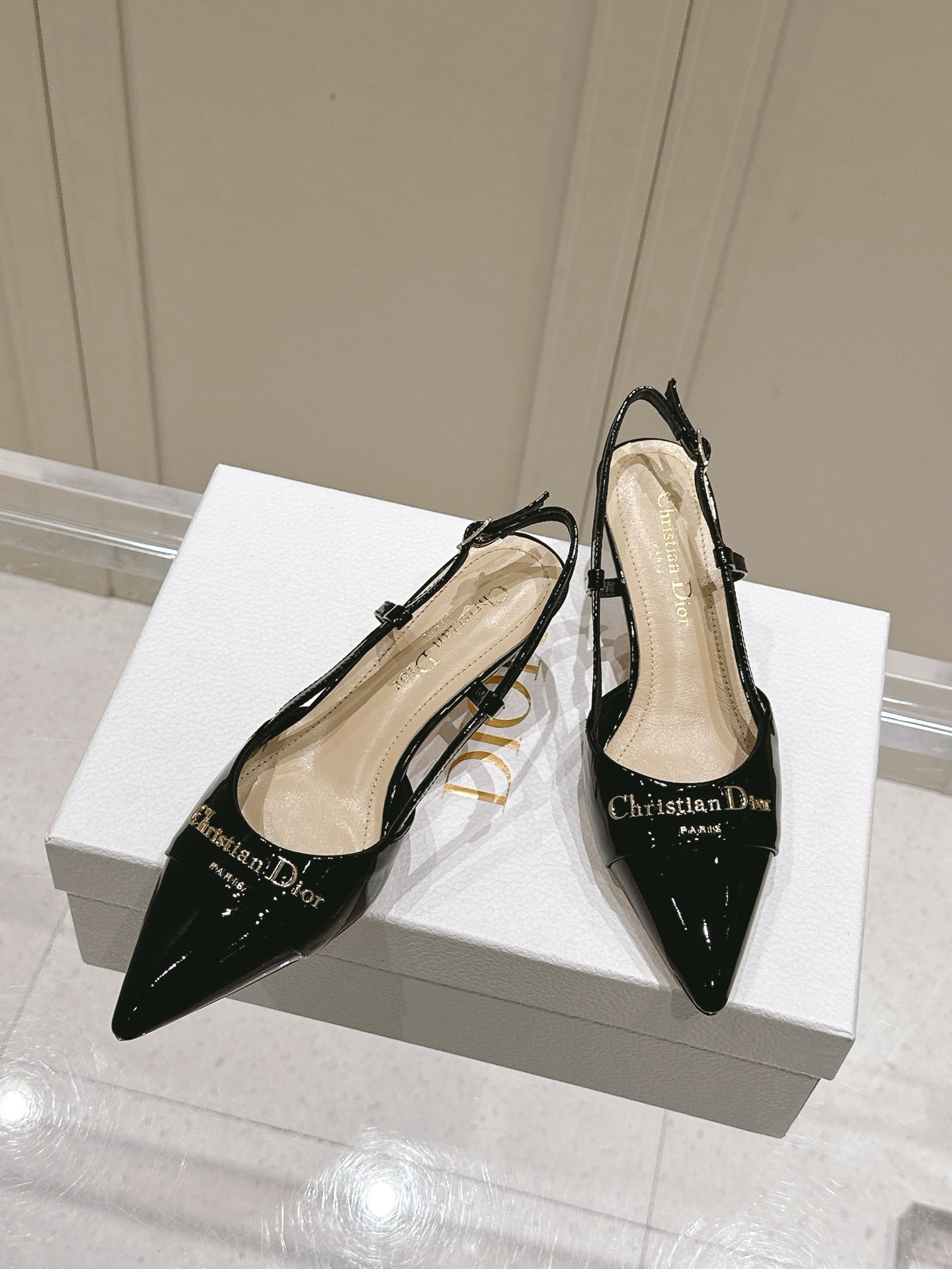 MY DD 25S SLINGBACK PUMP 50MM IN BLACK GLOSSY CALFSKIN - 34