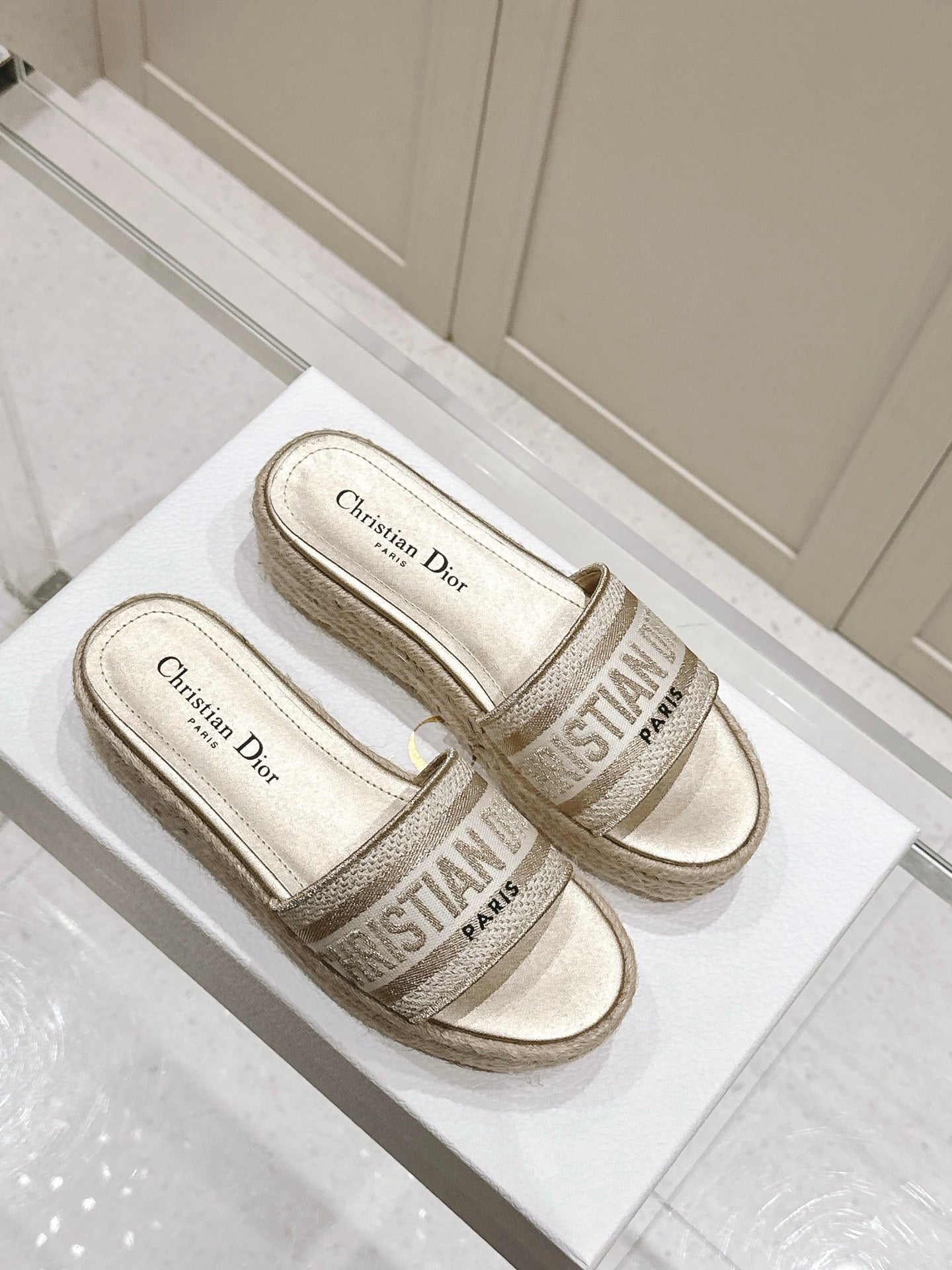 DWAY WEDGE SLIDES 45MM IN WARM GREIGE FABRIC RAFFIA SOLE - 35
