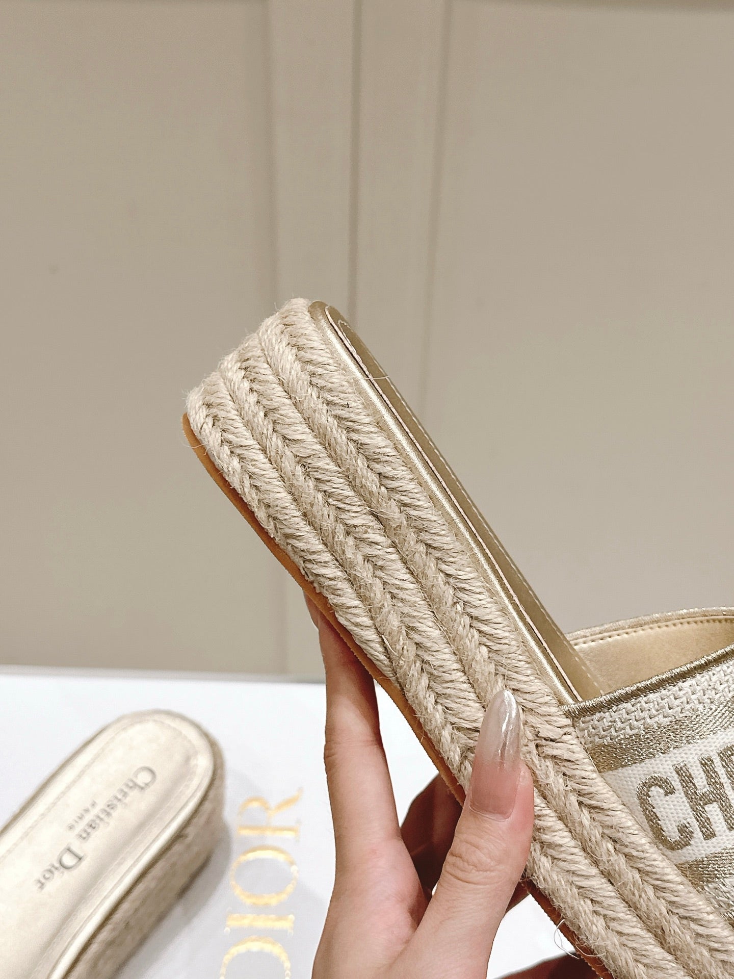 DWAY WEDGE SLIDES 45MM IN WARM GREIGE FABRIC RAFFIA SOLE - 35