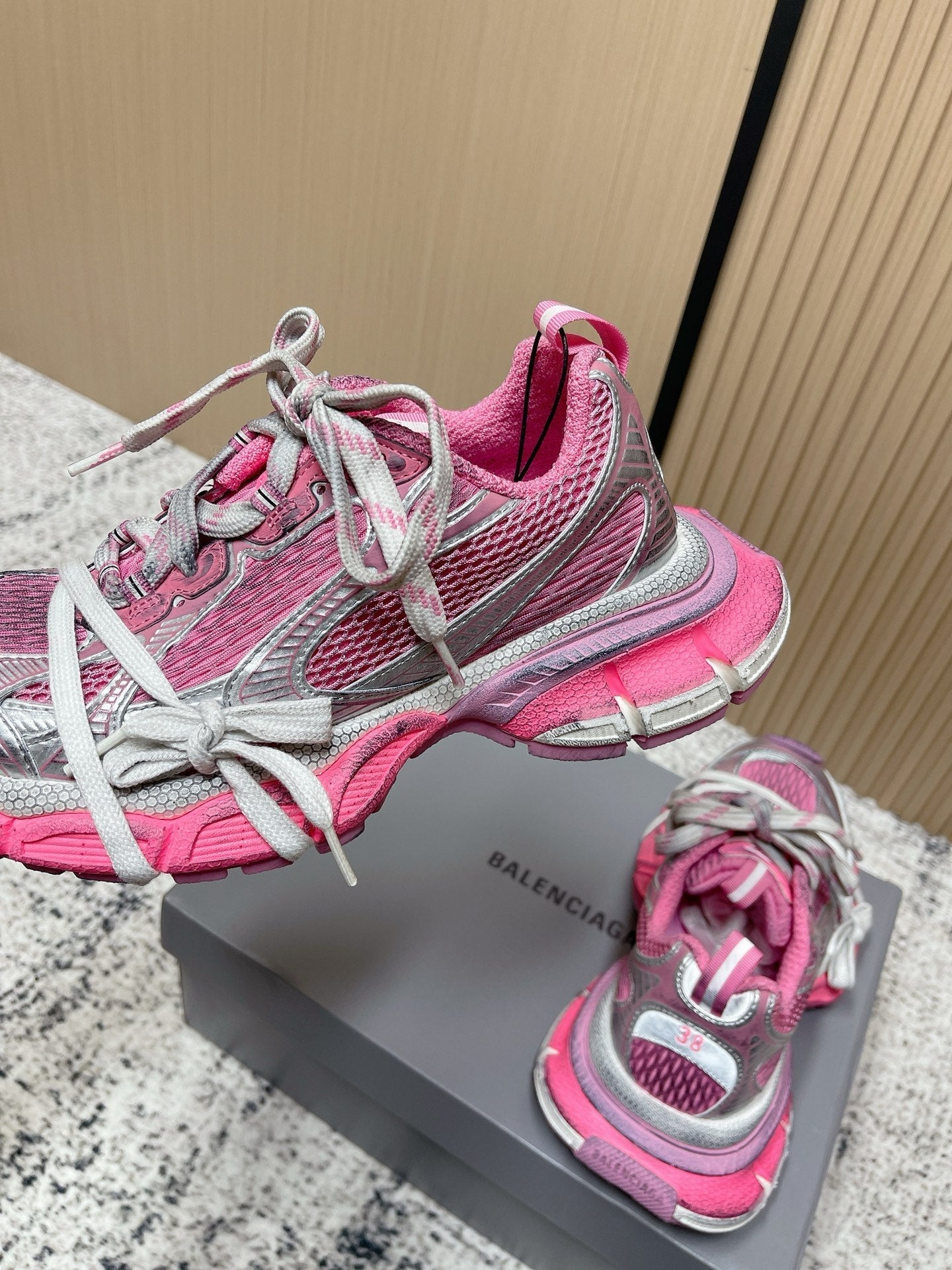 BALENCIAGA 25S 3XL SNEAKERS IN PINK MESH MIX GREY PU LEATHER - 36