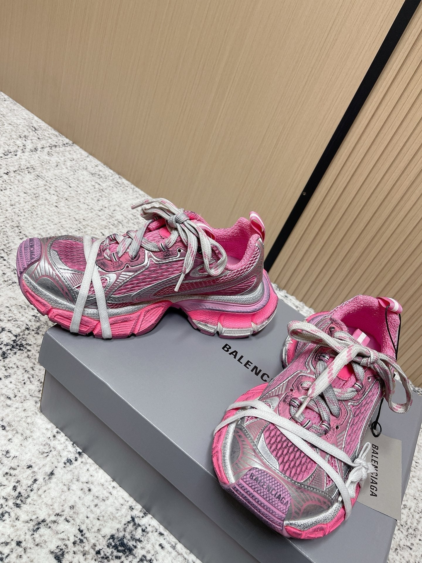 BALENCIAGA 25S 3XL SNEAKERS IN PINK MESH MIX GREY PU LEATHER - 36