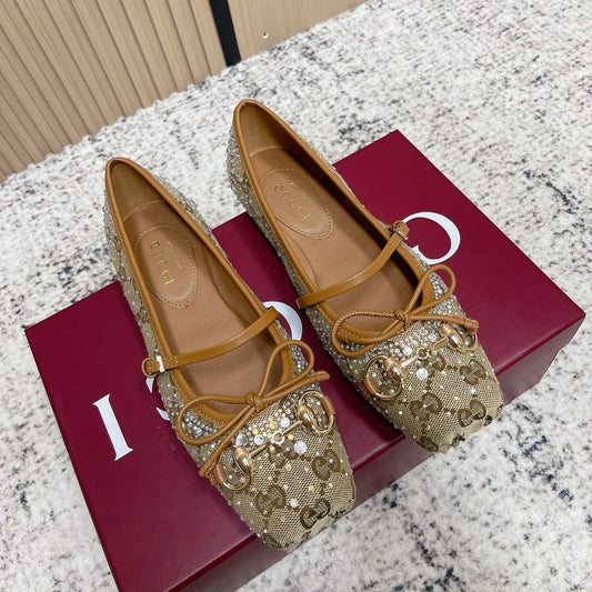 БАЛЕТКИ GUCCI 26S З ТЕМНО-БЕЖЕВОГО ПОЛОТНА З КРИСТАЛАМИ
