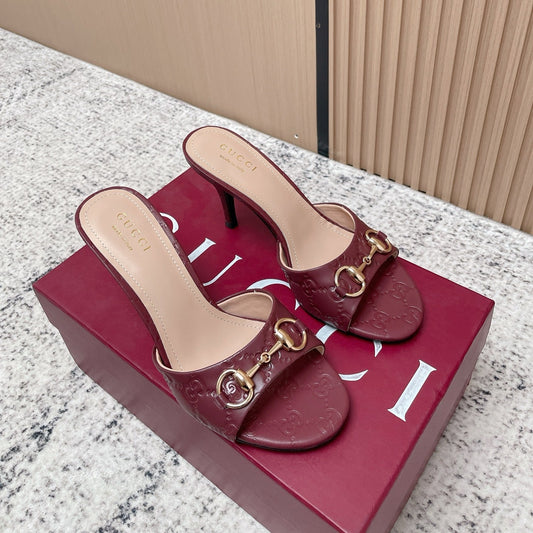 БОСОНІЖКИ GUCCI 26S НА ВИСОКИХ ПІДБОРАХ 85 ММ З ТЕМНО-ЧЕРВОНОЇ ТЕЛЯЧОЇ ШКІРИ