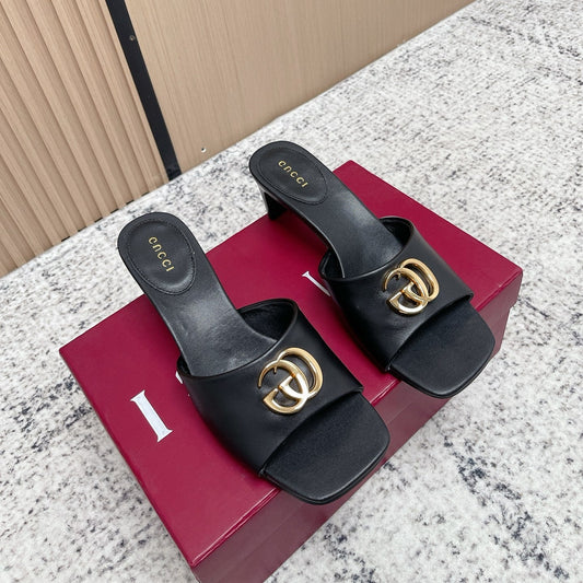 ЖІНОЧІ МЮЛІ GUCCI 26S GG LOGO НА ВИСОКИХ ПІДБОРАХ ІЗ ЧОРНОЇ ТЕЛЯЧОЇ ШКІРИ