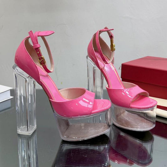 HIGH SANDAL 14CM IN BRIGHT PINK CALFSKIN AND TRANSPARENT PVC - 35