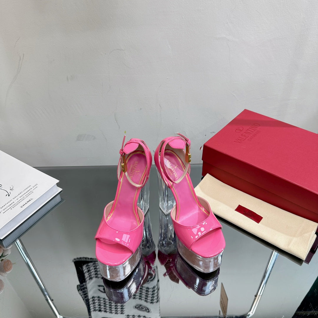HIGH SANDAL 14CM IN BRIGHT PINK CALFSKIN AND TRANSPARENT PVC - 35