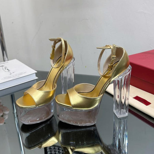 HIGH SANDAL 14CM IN GOLD CALFSKIN AND TRANSPARENT PVC - 35