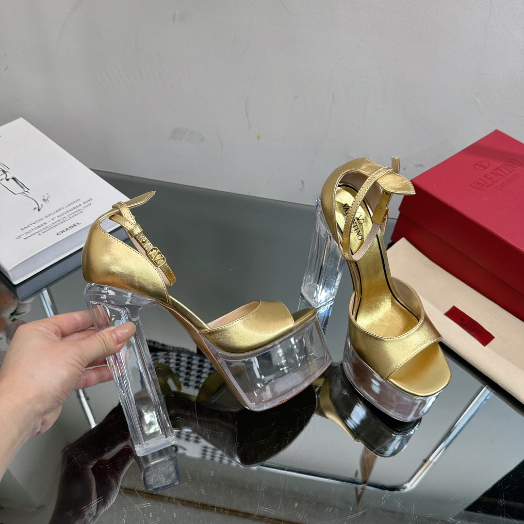 HIGH SANDAL 14CM IN GOLD CALFSKIN AND TRANSPARENT PVC - 35