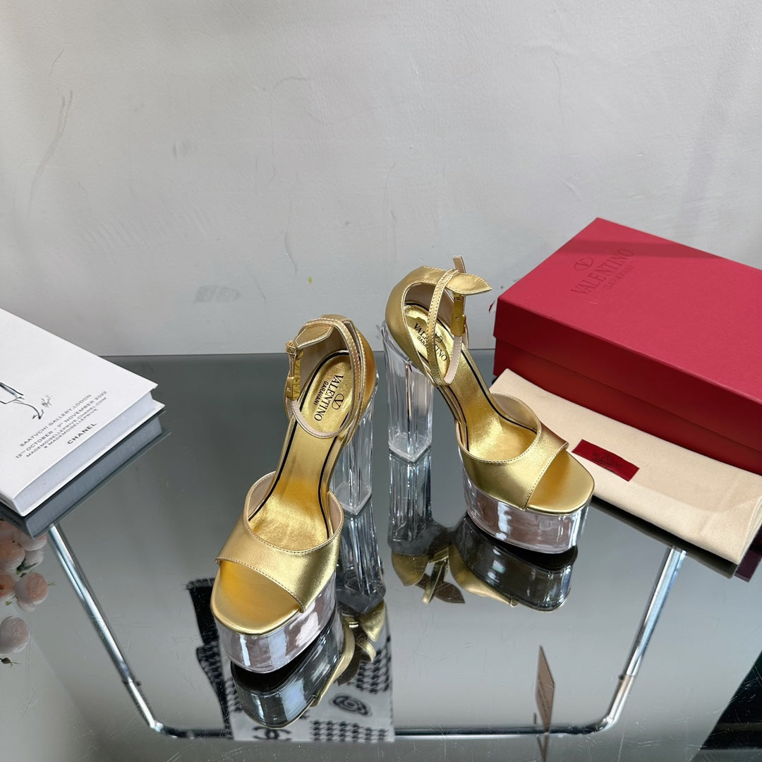 HIGH SANDAL 14CM IN GOLD CALFSKIN AND TRANSPARENT PVC - 35
