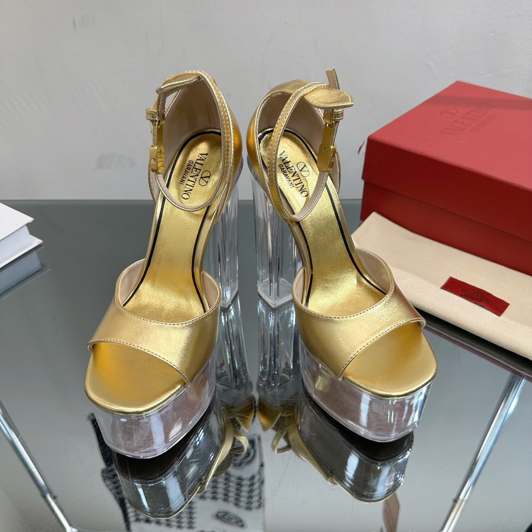 HIGH SANDAL 14CM IN GOLD CALFSKIN AND TRANSPARENT PVC - 35