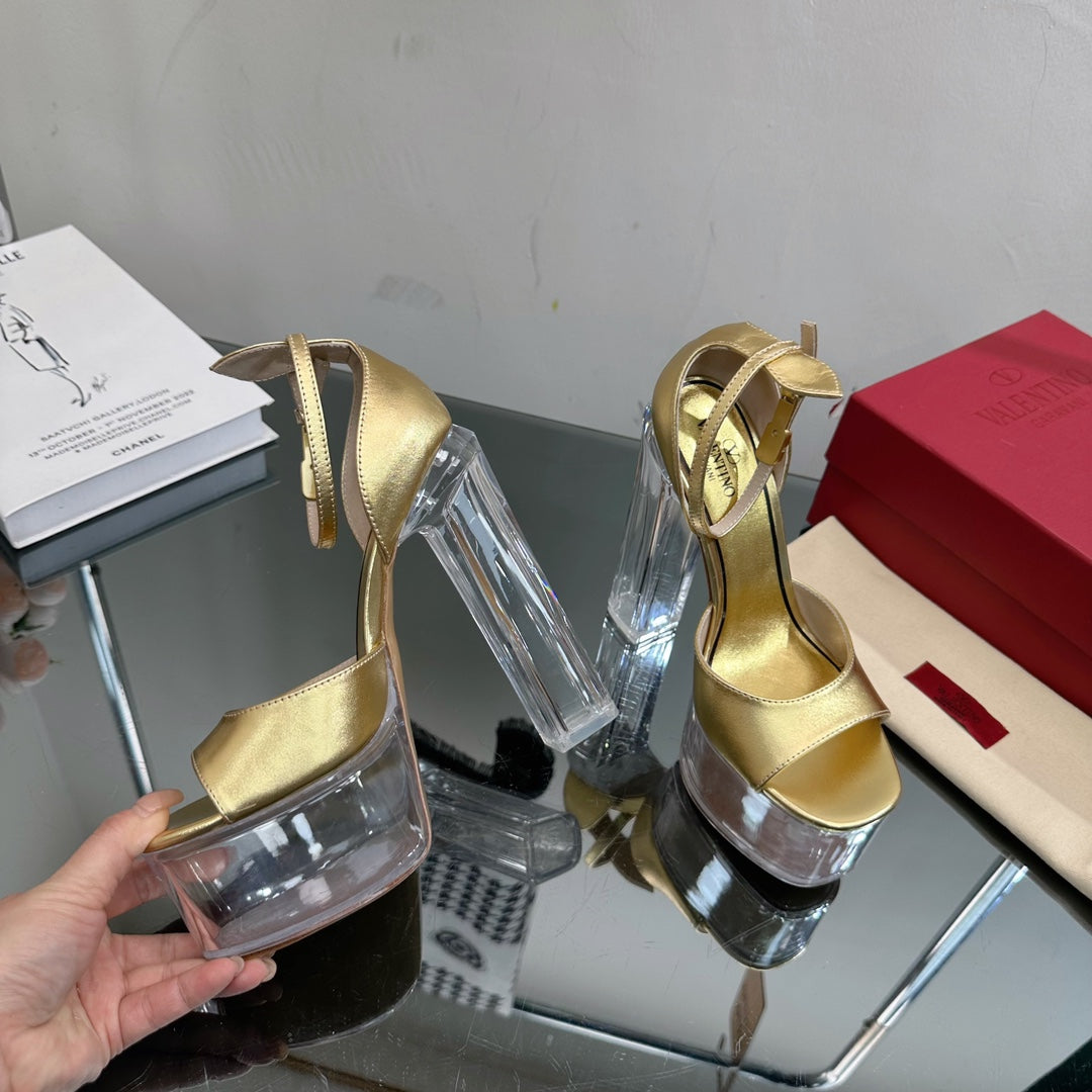 HIGH SANDAL 14CM IN GOLD CALFSKIN AND TRANSPARENT PVC - 35