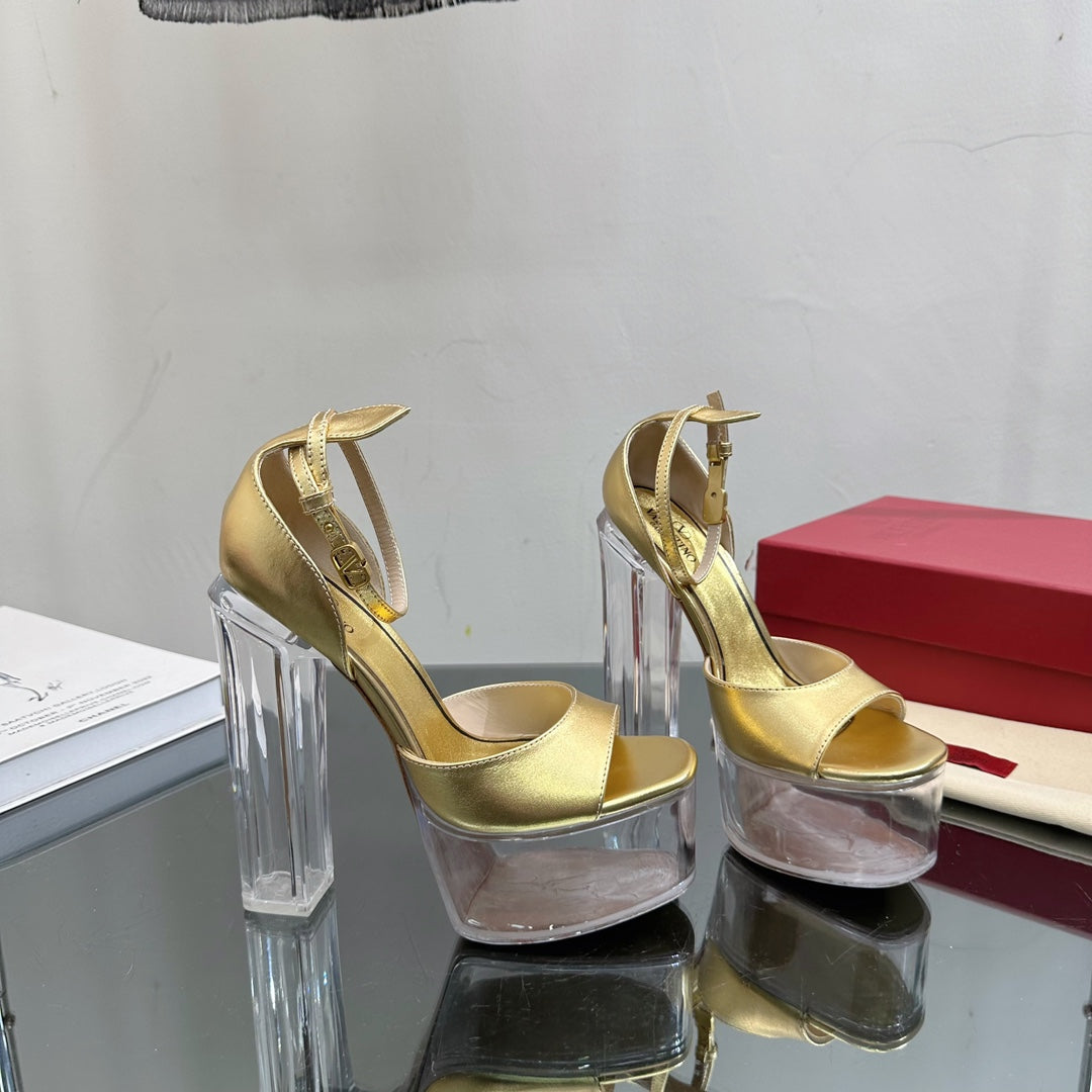 HIGH SANDAL 14CM IN GOLD CALFSKIN AND TRANSPARENT PVC - 35