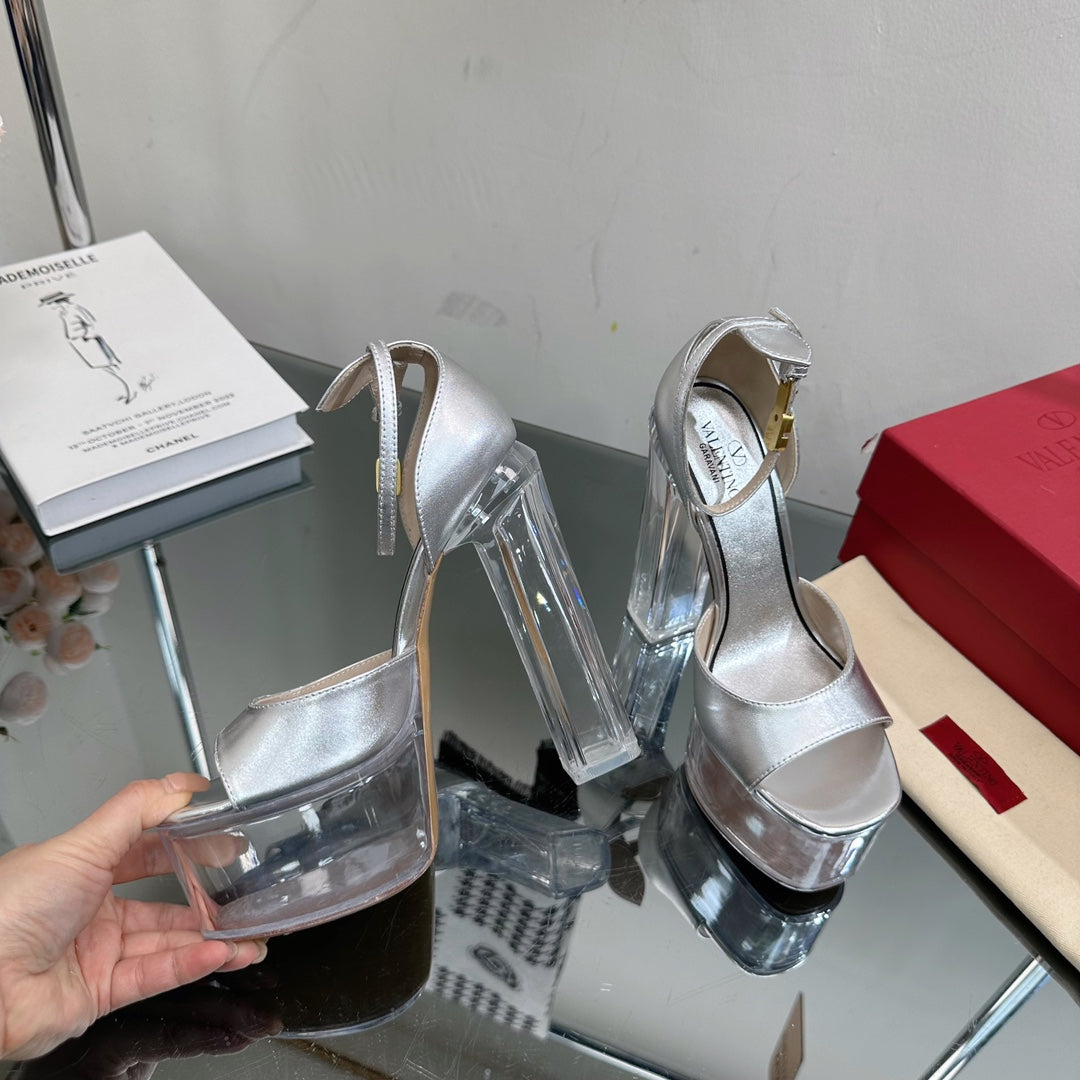 HIGH SANDAL 14CM IN SILVER CALFSKIN AND TRANSPARENT PVC - 35