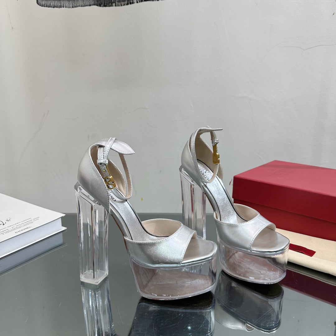 HIGH SANDAL 14CM IN SILVER CALFSKIN AND TRANSPARENT PVC - 35