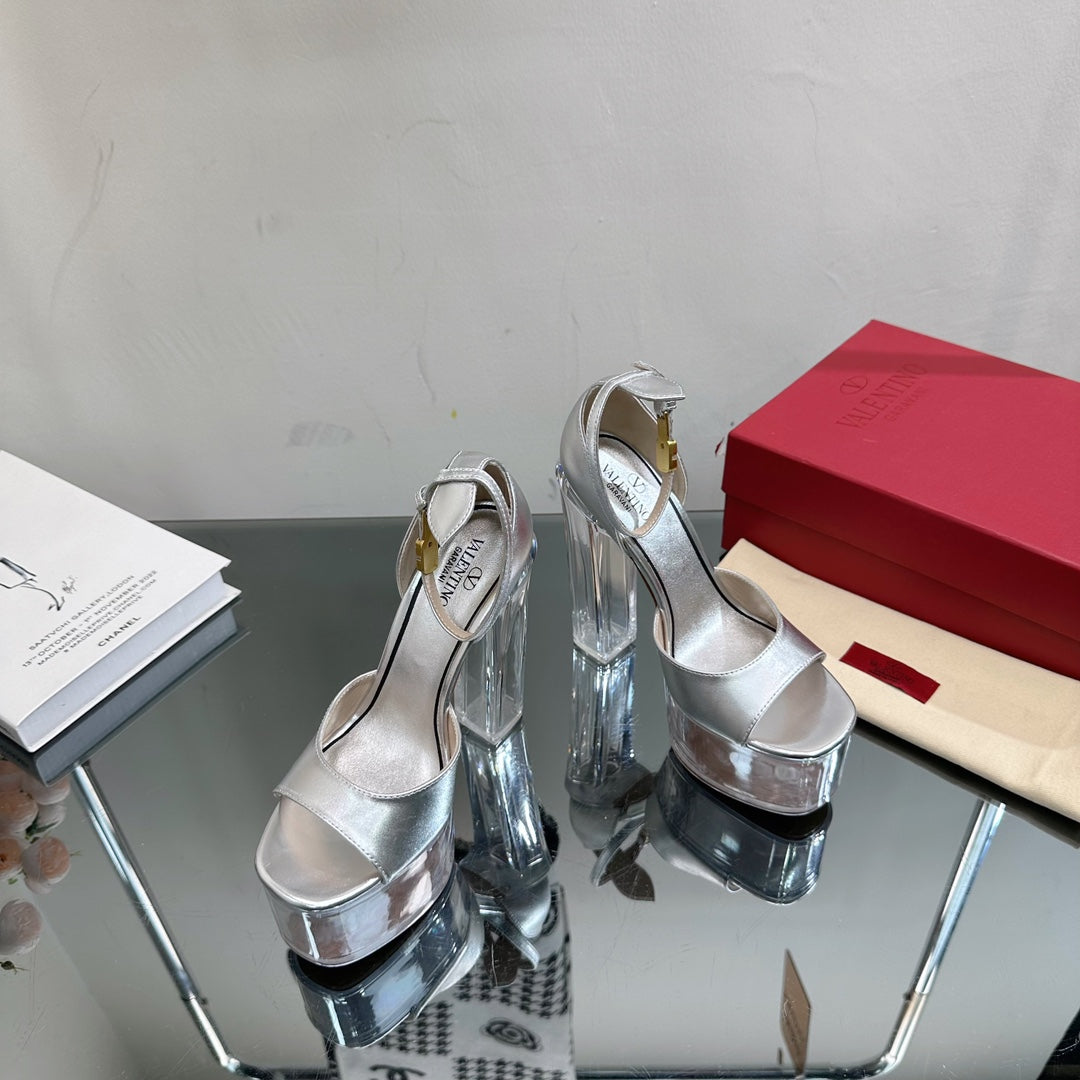 HIGH SANDAL 14CM IN SILVER CALFSKIN AND TRANSPARENT PVC - 35