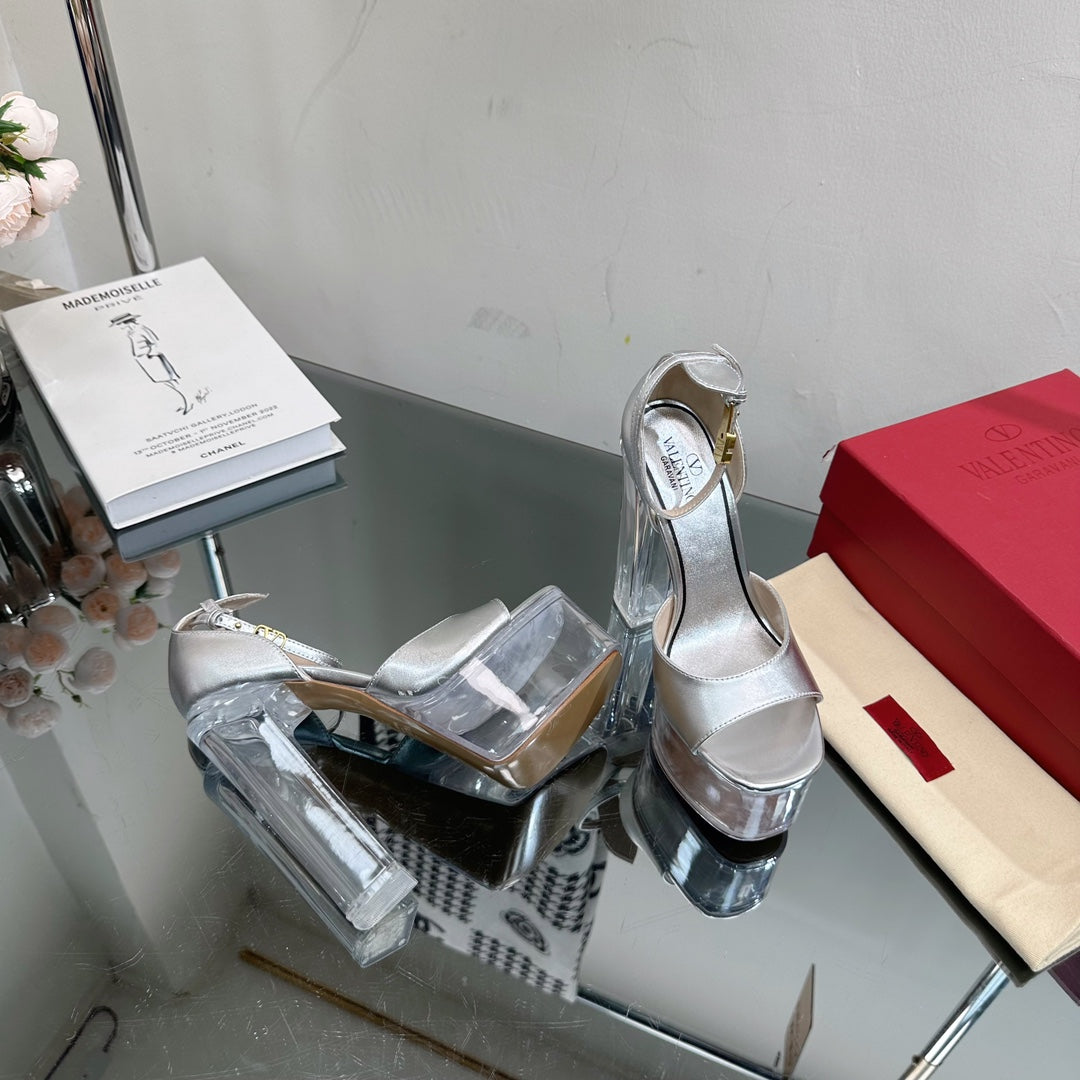 HIGH SANDAL 14CM IN SILVER CALFSKIN AND TRANSPARENT PVC - 35