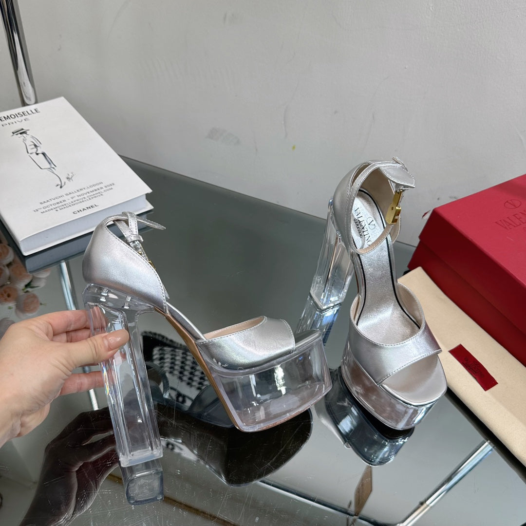 HIGH SANDAL 14CM IN SILVER CALFSKIN AND TRANSPARENT PVC - 35