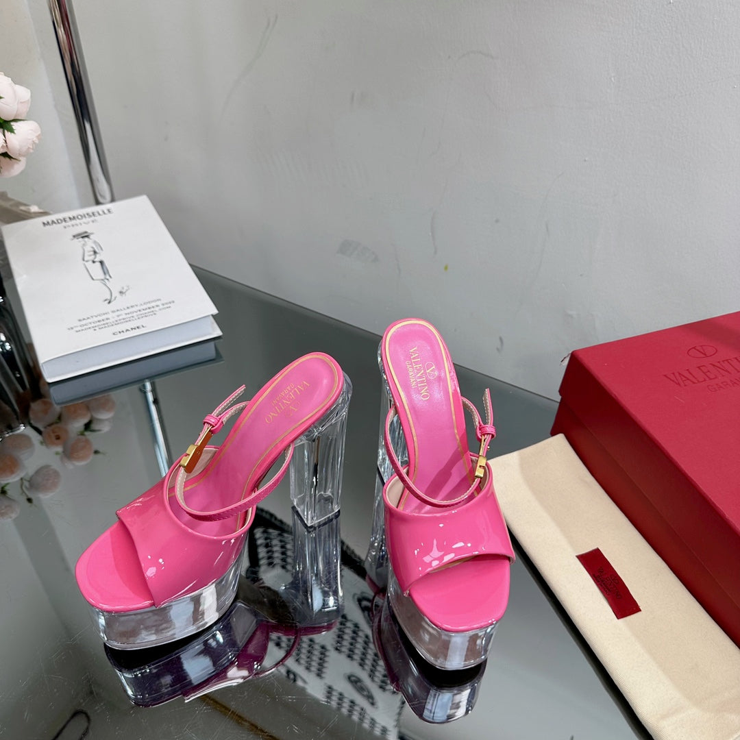 HIGH HEEL SANDAL 14CM IN BRIGHT PINK CALFSKIN AND TRANSPARENT PVC - 35