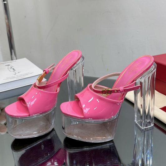 HIGH HEEL SANDAL 14CM IN BRIGHT PINK CALFSKIN AND TRANSPARENT PVC - 35