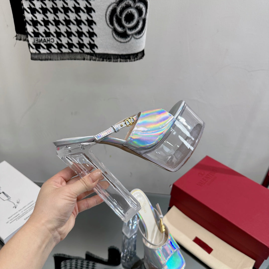 HIGH HEEL SANDAL 14CM IN SILVER CALFSKIN AND TRANSPARENT PVC - 35