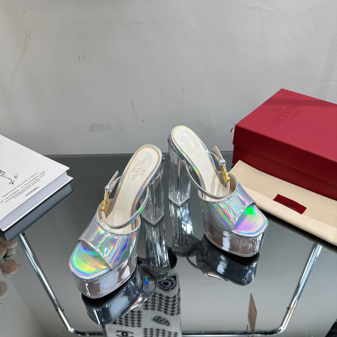 HIGH HEEL SANDAL 14CM IN SILVER CALFSKIN AND TRANSPARENT PVC - 35