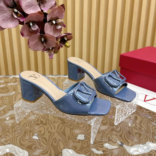 VLOGO SIGNATURE HIGH SHINE OPEN TOE SANDALS 60 MM IN PEGEON BLUE CALFSKIN - 35