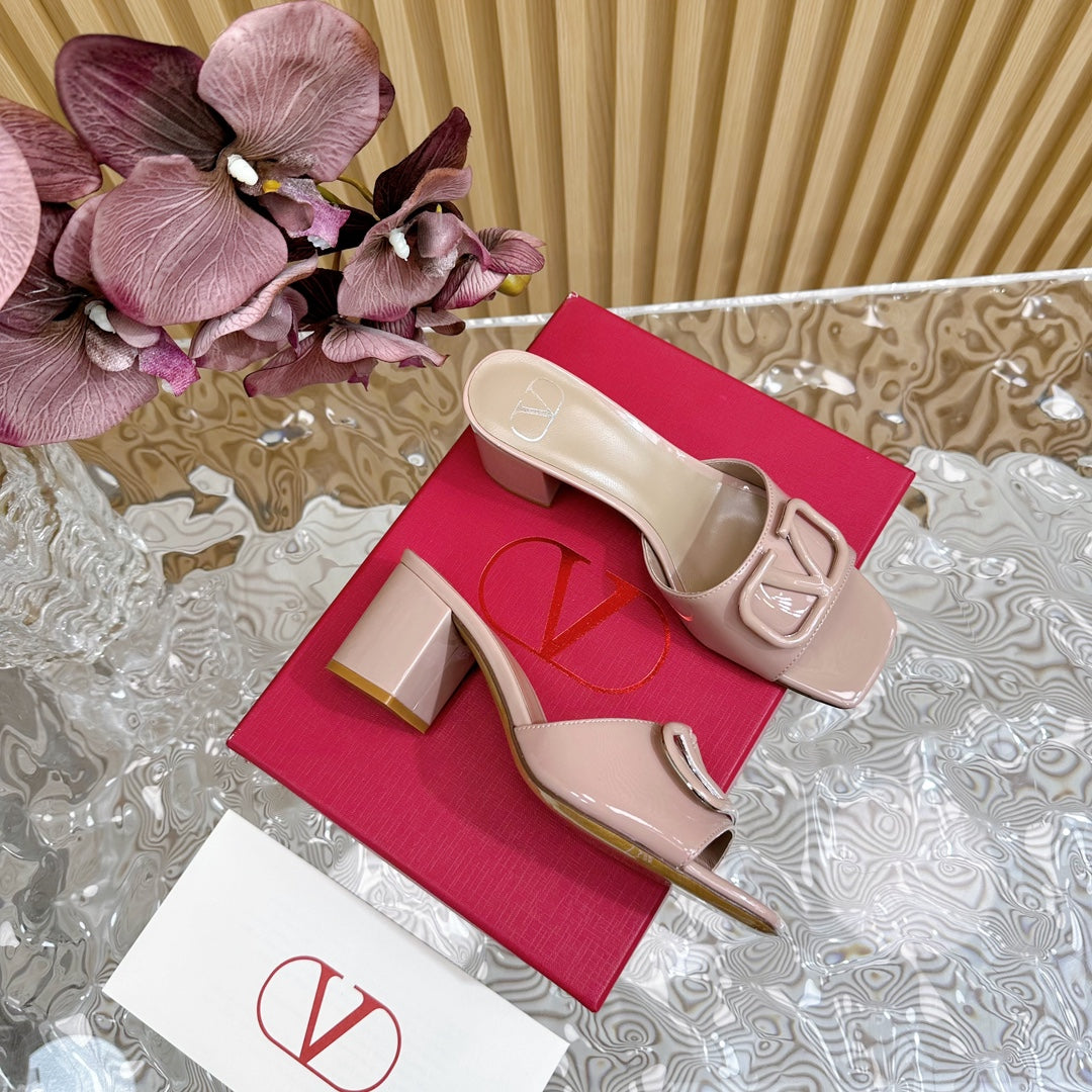 VLOGO SIGNATURE HIGH SHINE OPEN TOE SANDALS 60 MM IN CREPE PINK CALFSKIN - 35