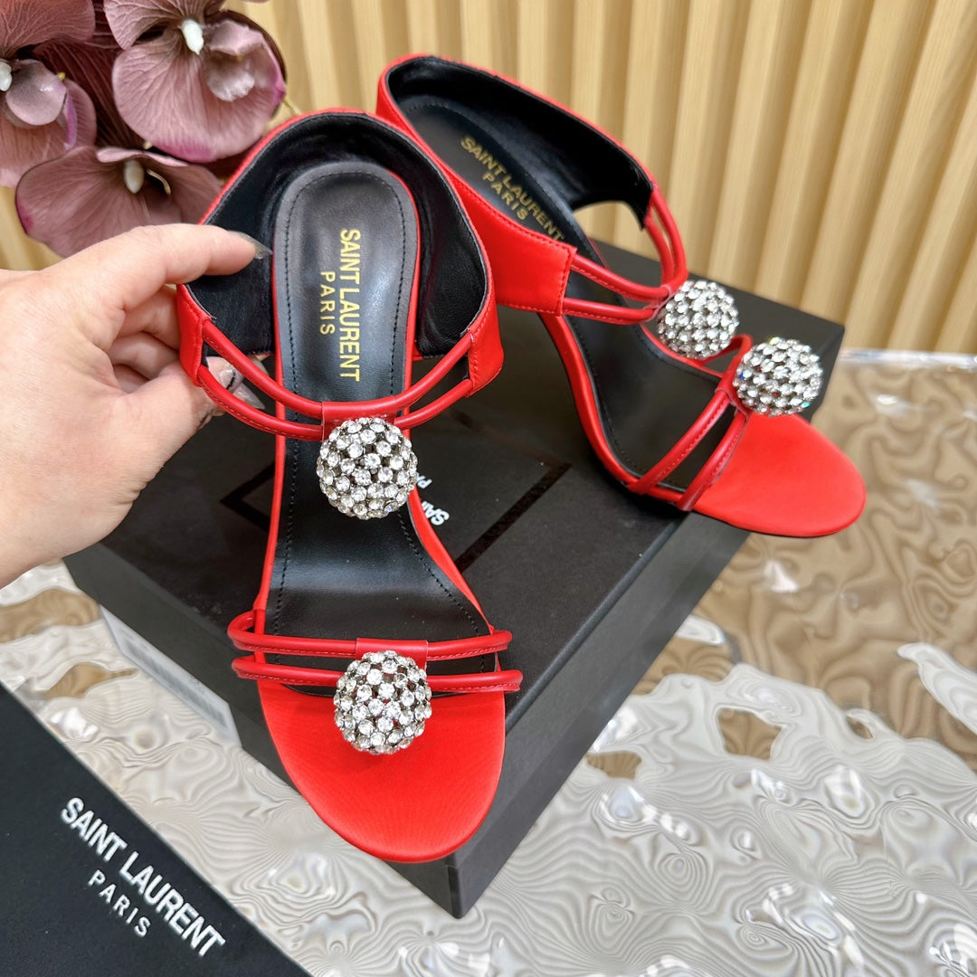 SL POM CIRCLE CRYSTAL HEELED SANDALS RED SATIN - 35