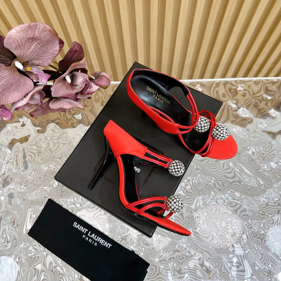SL POM CIRCLE CRYSTAL HEELED SANDALS RED SATIN - 35