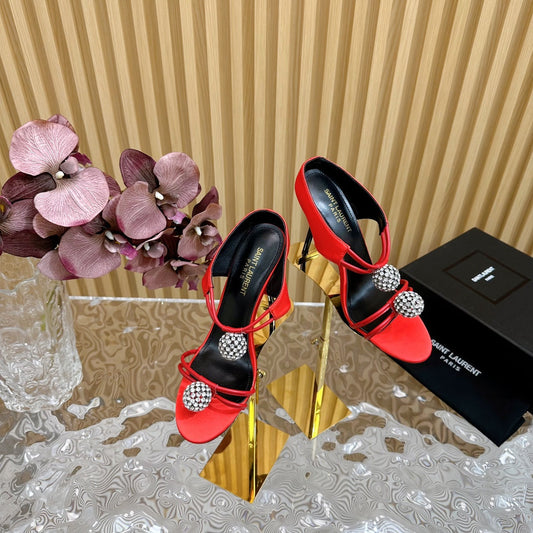 SL POM CIRCLE CRYSTAL HEELED SANDALS RED SATIN - 35