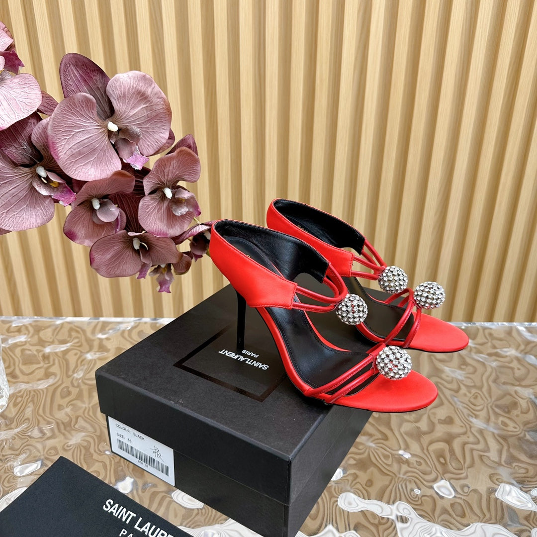 SL POM CIRCLE CRYSTAL HEELED SANDALS RED SATIN - 35