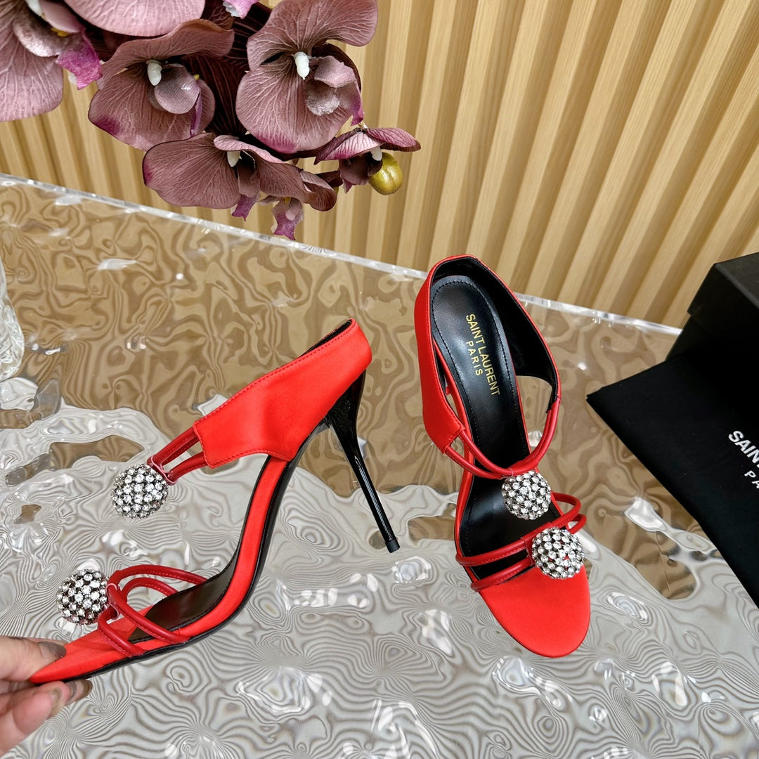 SL POM CIRCLE CRYSTAL HEELED SANDALS RED SATIN - 35