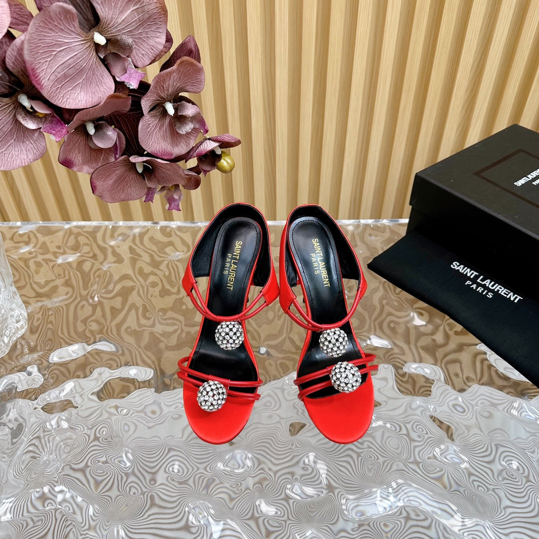 SL POM CIRCLE CRYSTAL HEELED SANDALS RED SATIN - 35