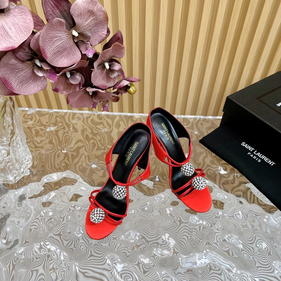 SL POM CIRCLE CRYSTAL HEELED SANDALS RED SATIN - 35