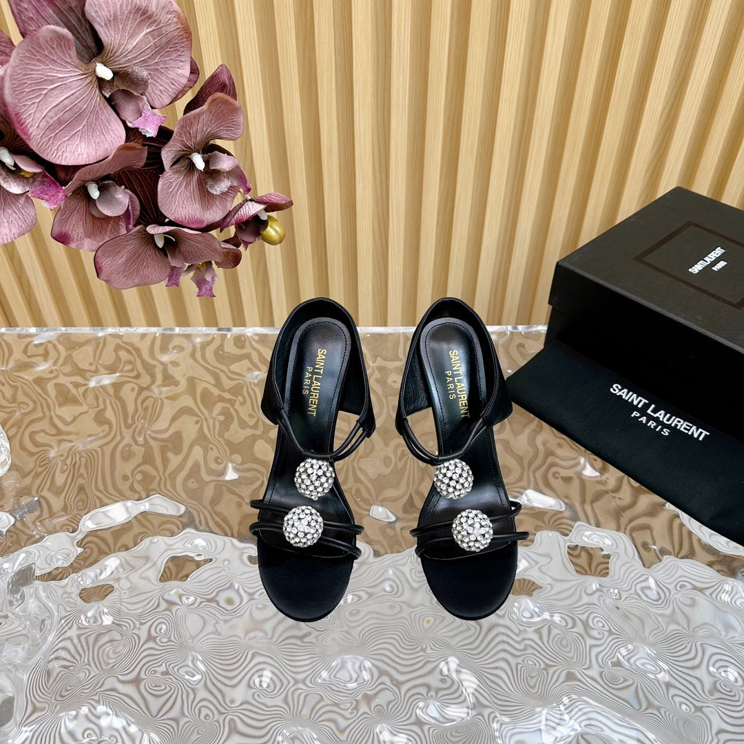 SL POM CIRCLE CRYSTAL HEELED SANDALS BLACK SATIN - 35