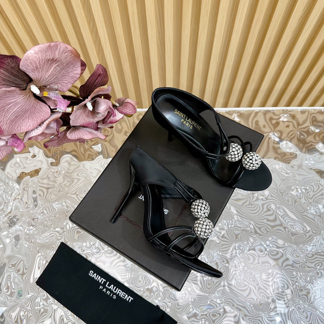 SL POM CIRCLE CRYSTAL HEELED SANDALS BLACK SATIN - 35