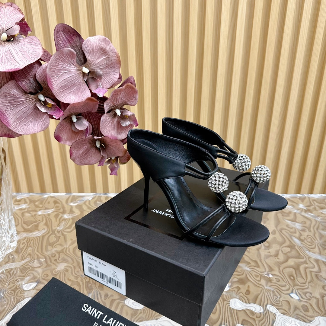 SL POM CIRCLE CRYSTAL HEELED SANDALS BLACK SATIN - 35