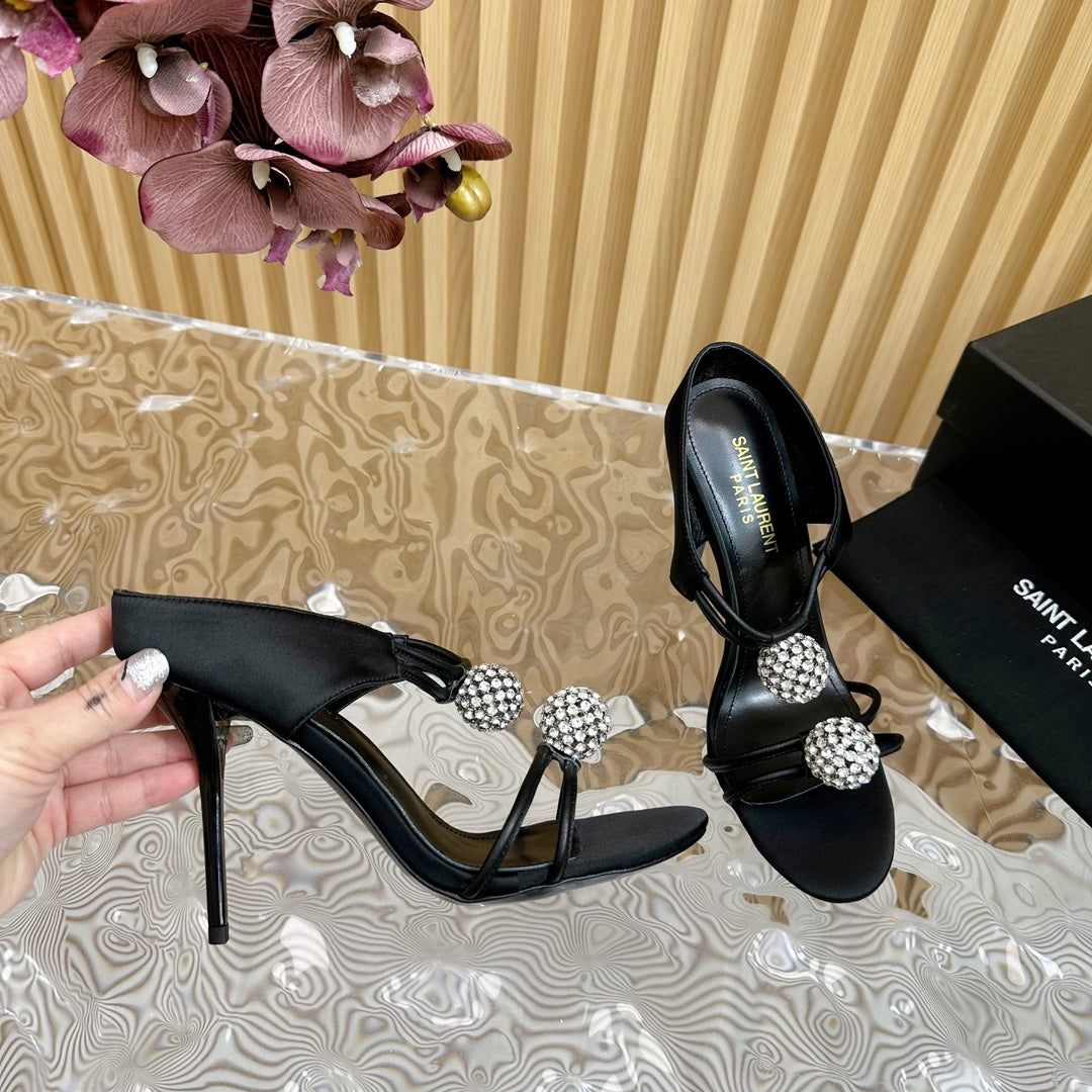 SL POM CIRCLE CRYSTAL HEELED SANDALS BLACK SATIN - 35