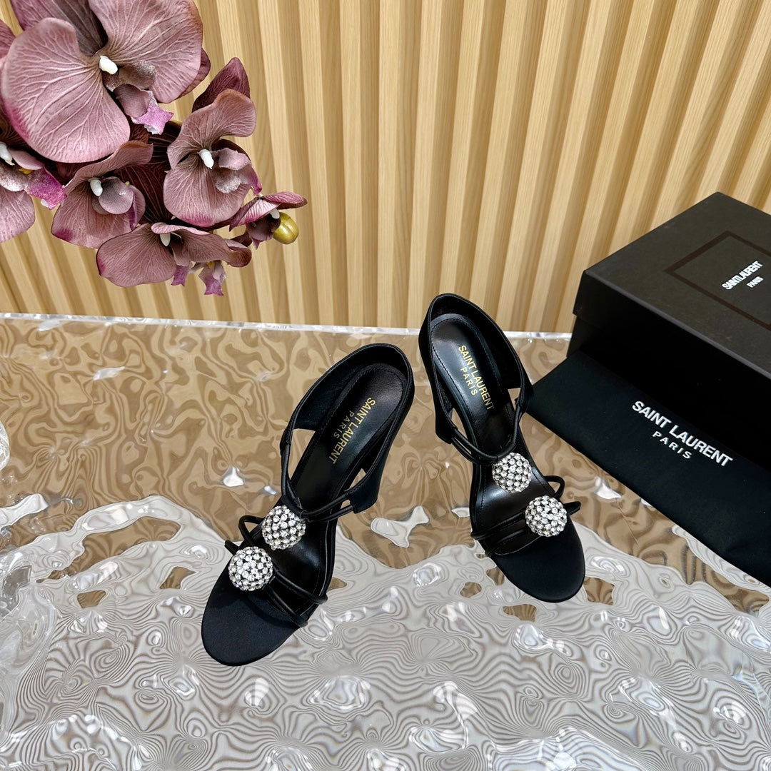 SL POM CIRCLE CRYSTAL HEELED SANDALS BLACK SATIN - 35