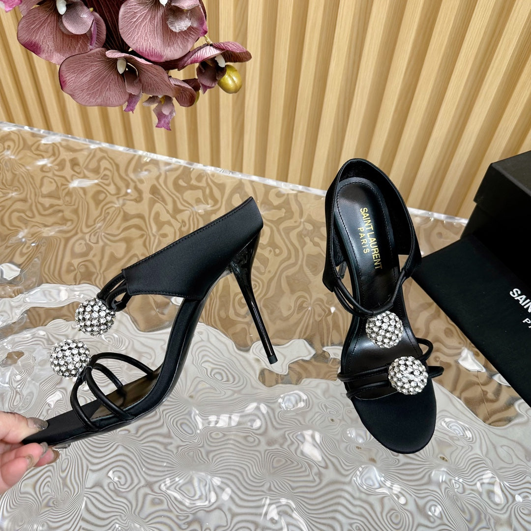 SL POM CIRCLE CRYSTAL HEELED SANDALS BLACK SATIN - 35